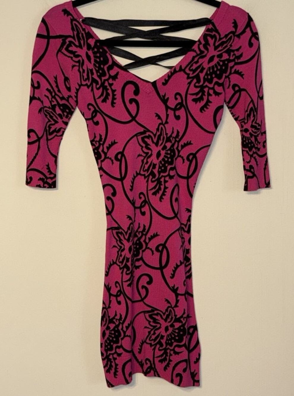Y2K Womens Small Bodycon Lace Up Back Mini Knit Dress Floral Clubwear Vixen Sexy